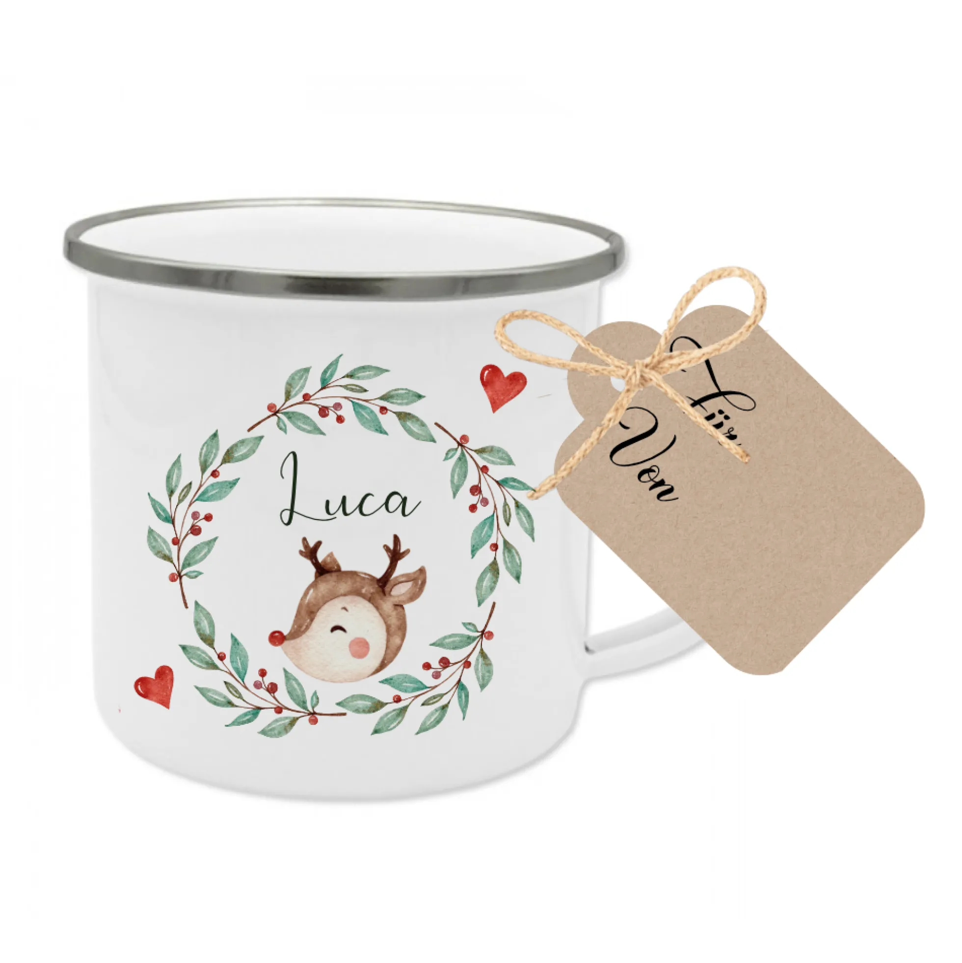 Personalisierte Emaille Tasse Weihnachten mit Namen – Kinder Becher Rentier & Herz Motiv – Geschenkidee Advent, Nikolaus, Weihnachtsgeschenk