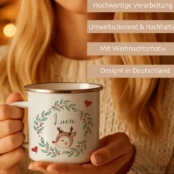 Personalisierte Emaille Tasse Weihnachten mit Namen – Kinder Becher Rentier & Herz Motiv – Geschenkidee Advent, Nikolaus, Weihnachtsgeschenk