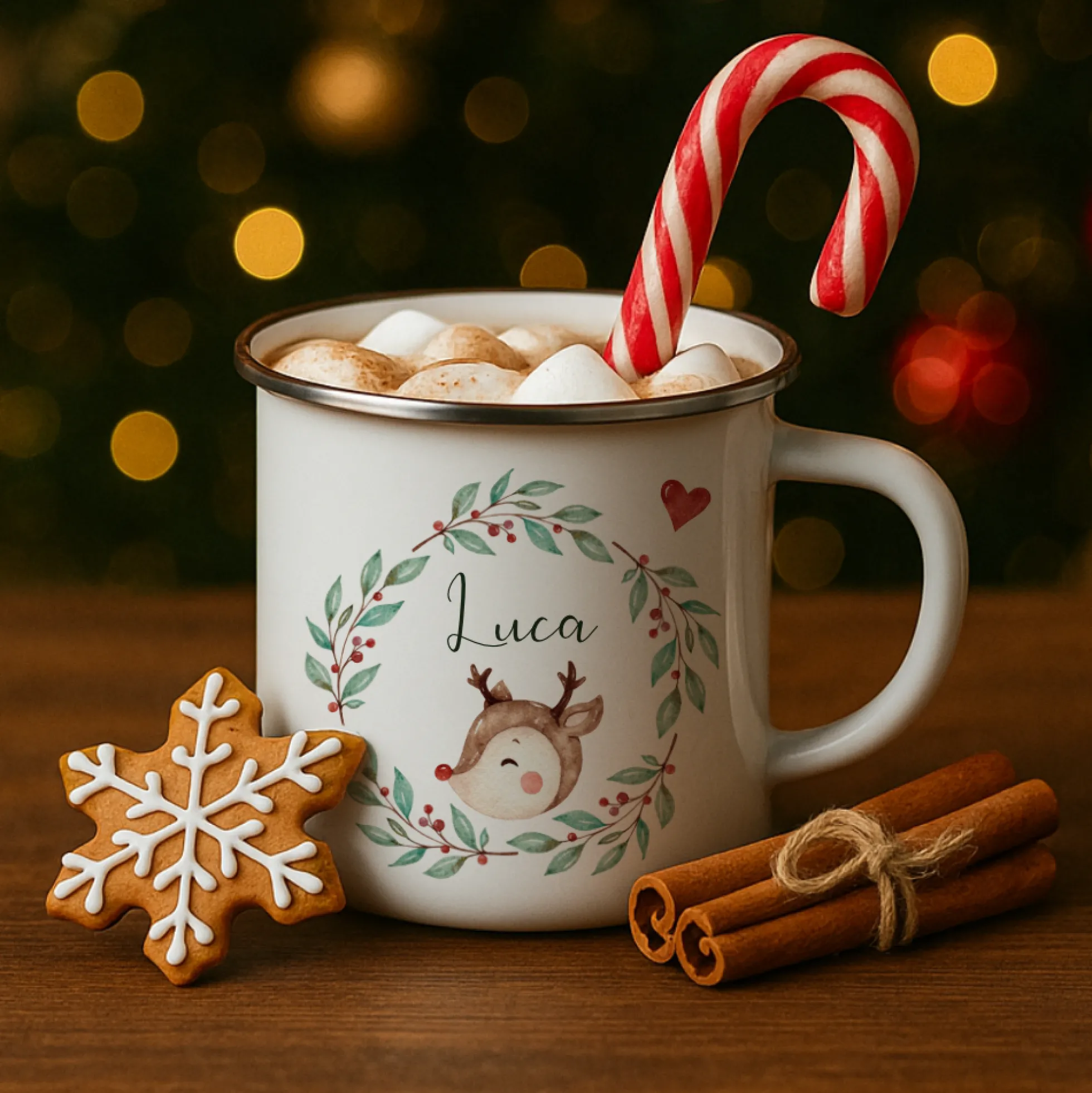 Personalisierte Emaille Tasse Weihnachten mit Namen – Kinder Becher Rentier & Herz Motiv – Geschenkidee Advent, Nikolaus, Weihnachtsgeschenk