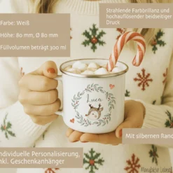 Personalisierte Emaille Tasse Weihnachten mit Namen – Kinder Becher Rentier & Herz Motiv – Geschenkidee Advent, Nikolaus, Weihnachtsgeschenk