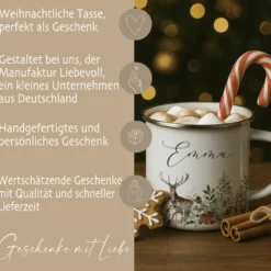 Personalisierte Emaille Tasse Weihnachten mit Namen – Hirsch & Wintermotiv – Geschenkidee Advent & Weihnachtsgeschenk