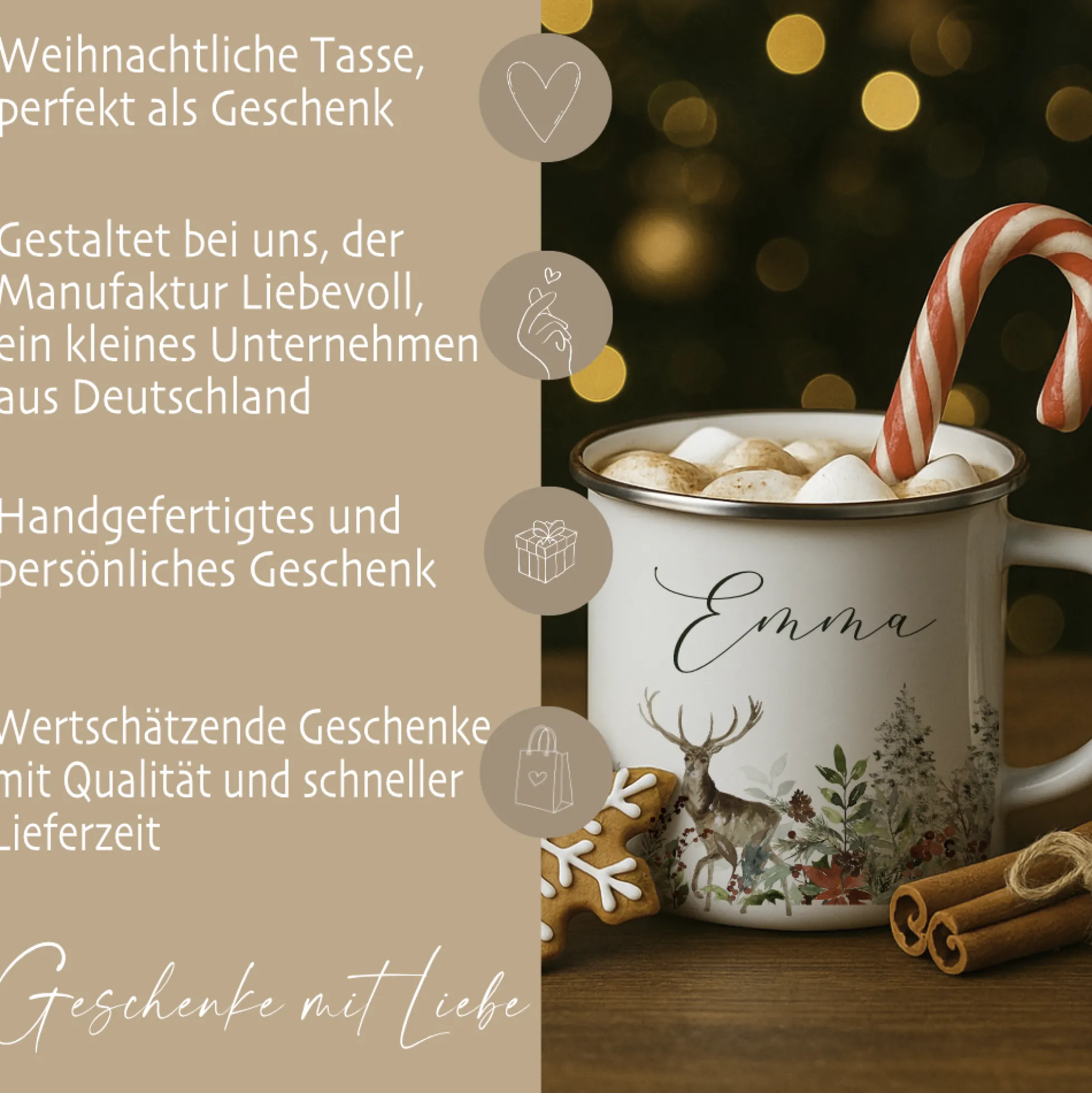 Personalisierte Emaille Tasse Weihnachten mit Namen – Hirsch & Wintermotiv – Geschenkidee Advent & Weihnachtsgeschenk