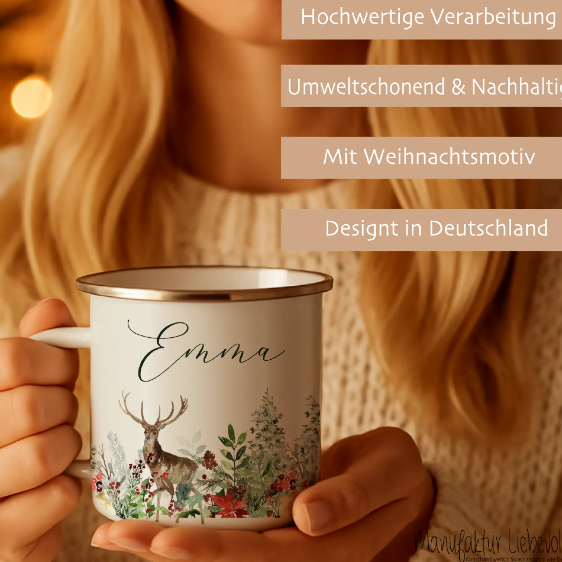 Personalisierte Emaille Tasse Weihnachten mit Namen – Hirsch & Wintermotiv – Geschenkidee Advent & Weihnachtsgeschenk