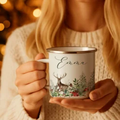 Personalisierte Emaille Tasse Weihnachten mit Namen – Hirsch & Wintermotiv – Geschenkidee Advent & Weihnachtsgeschenk