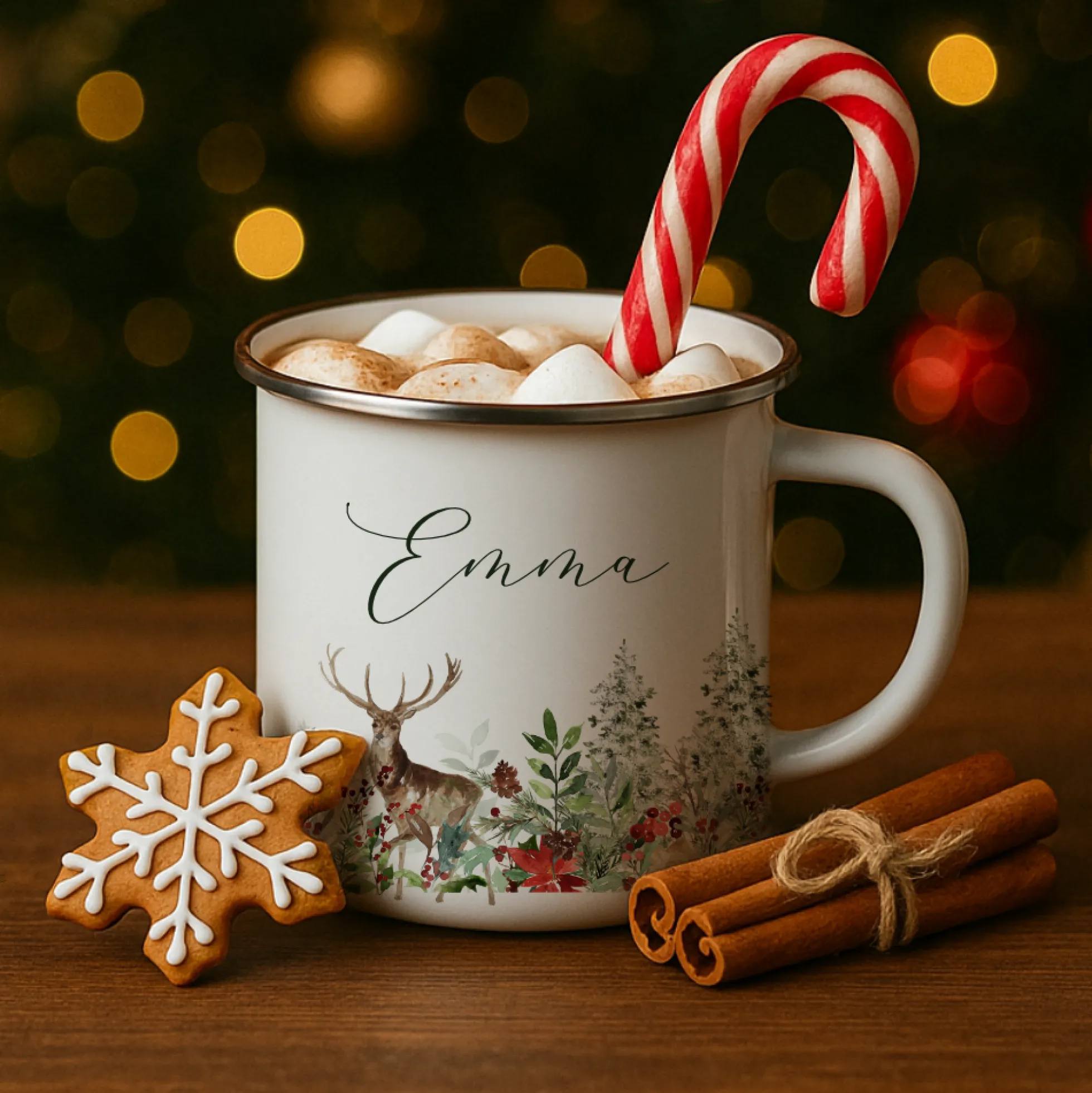 Personalisierte Emaille Tasse Weihnachten mit Namen – Hirsch & Wintermotiv – Geschenkidee Advent & Weihnachtsgeschenk