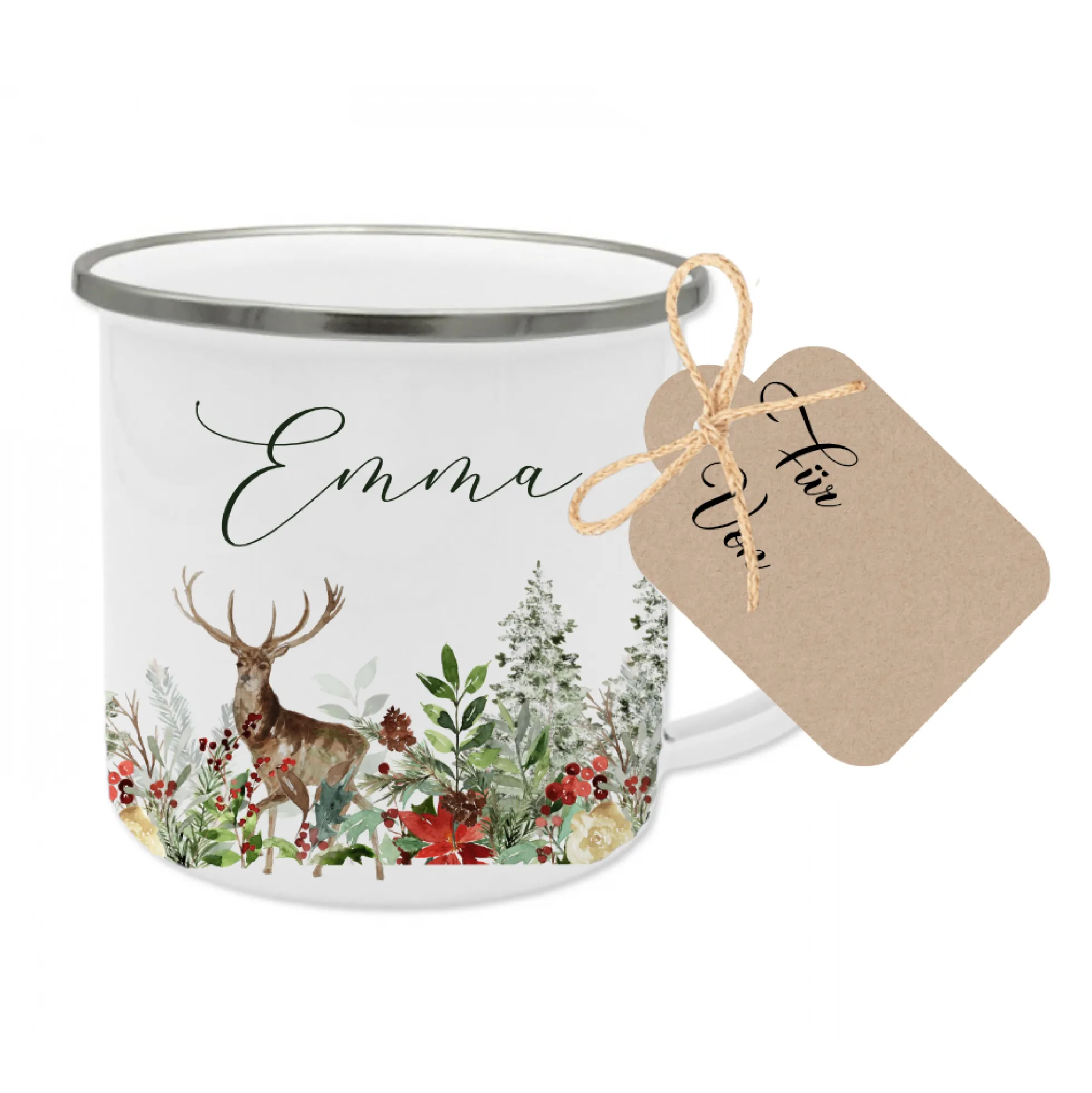 Personalisierte Emaille Tasse Weihnachten mit Namen – Hirsch & Wintermotiv – Geschenkidee Advent & Weihnachtsgeschenk