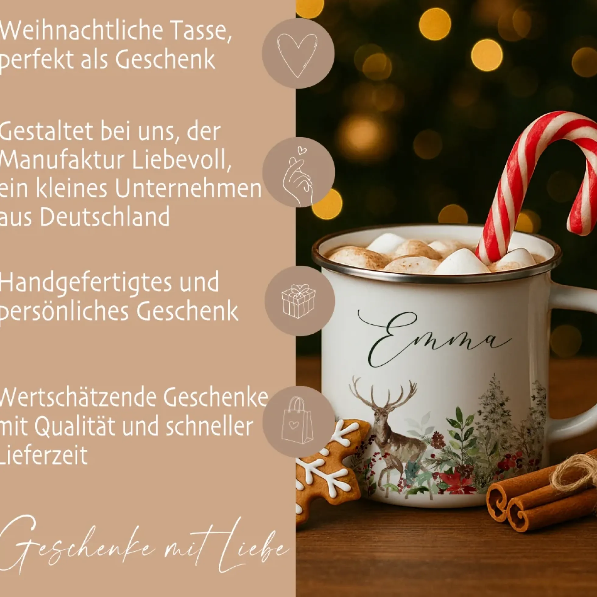 Personalisierte Emaille Tasse Weihnachten mit Namen – Hirsch & Wintermotiv – Geschenkidee Advent & Weihnachtsgeschenk