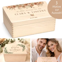 Personalisierte Erinnerungskiste Hochzeit mit Namen & Datum | Hochzeitsgeschenk Brautpaar | Holzbox Hochzeit | Geldgeschenk Hochzeit Liebe