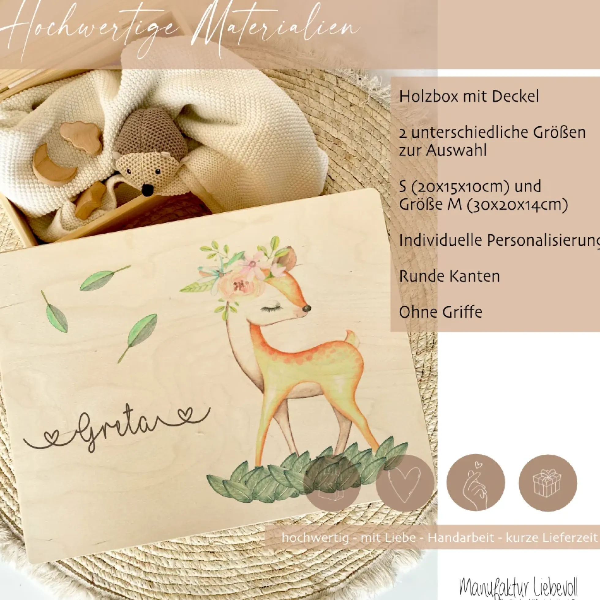 Personalisierte Erinnerungskiste "Rehkitz" als Motiv für Babys zur Geburt und Taufe, Babygeschenk mit dem Namen, Holzkiste