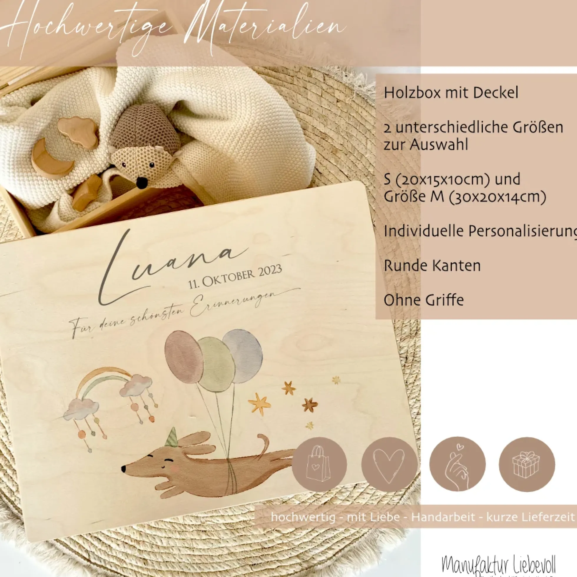 Personalisierte Erinnerungsbox aus Holz mit Motiv "Hund" für Babys, Kinder