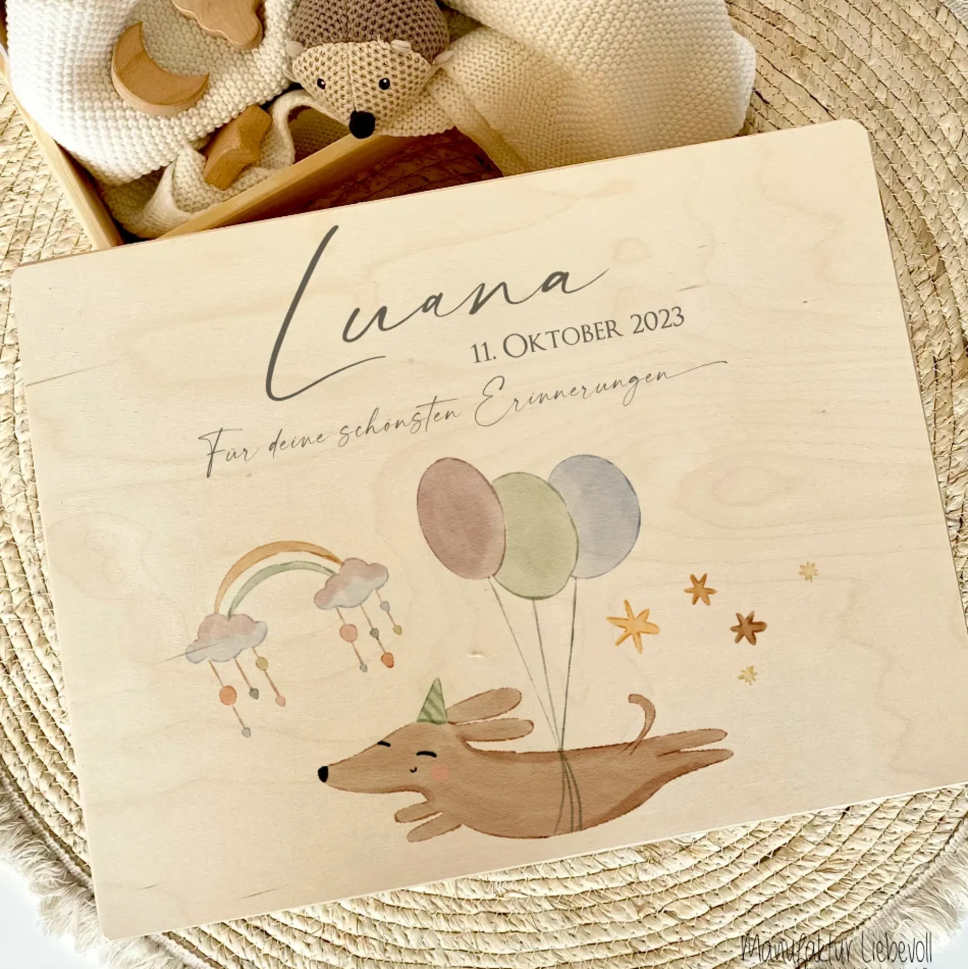 Personalisierte Erinnerungsbox aus Holz mit Motiv "Hund" für Babys, Kinder