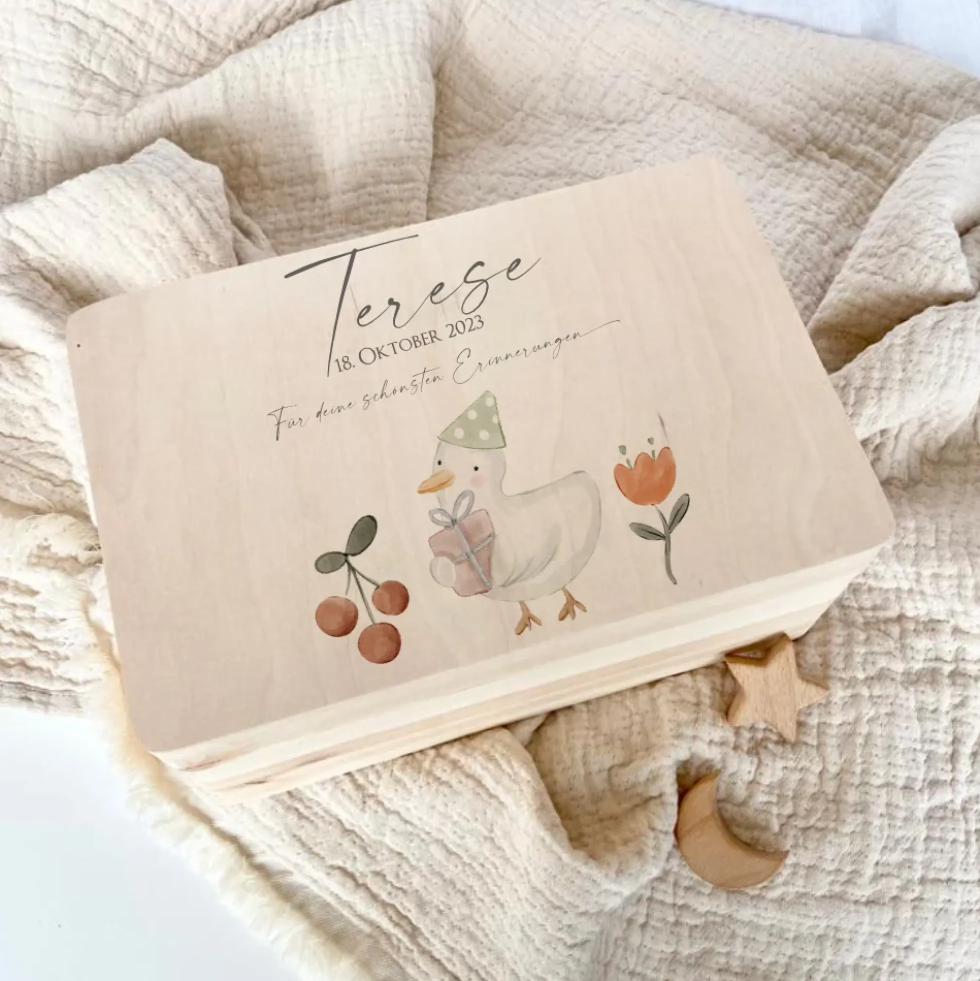 Personalisierte Erinnerungsbox aus Holz | Holzkiste als Geschenk für Andenken mit Motiv Gans