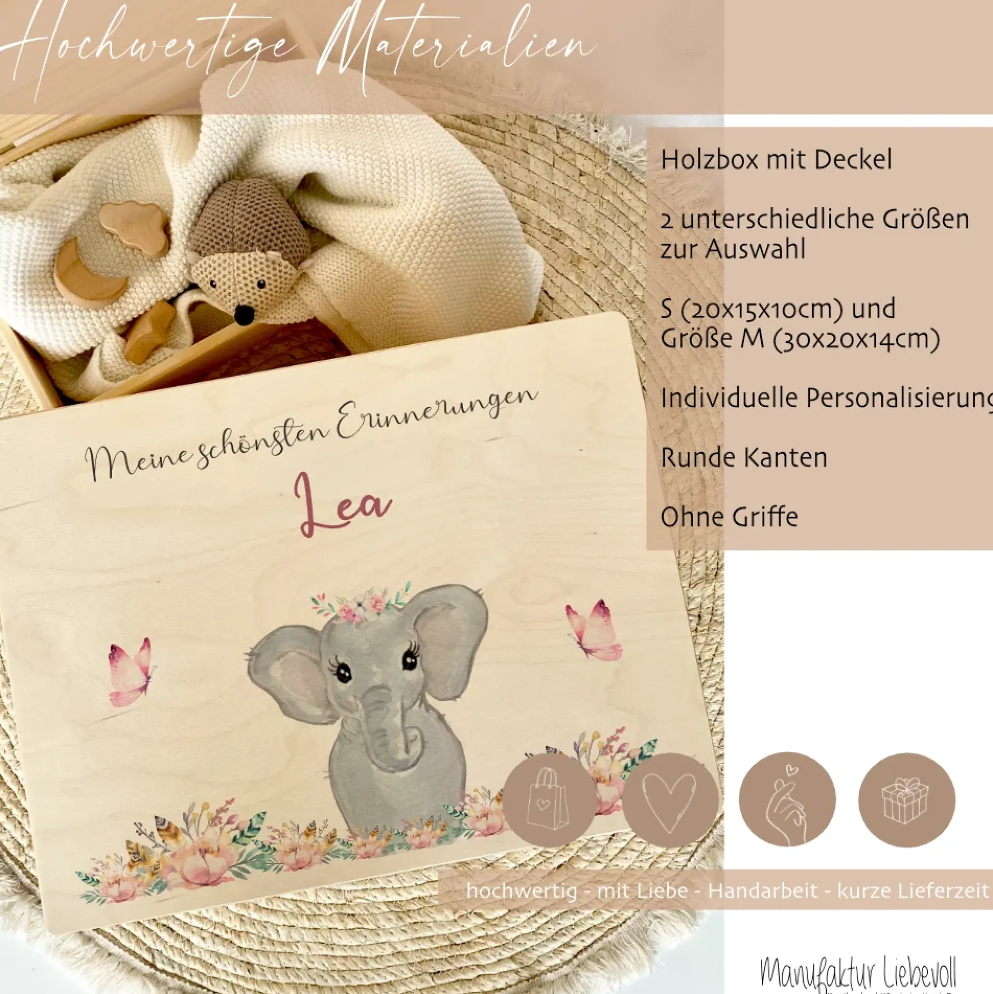 Personalisierte Erinnerungskiste "Elefant" als Motiv für Babys zur Geburt und Taufe, Babygeschenk mit dem Namen, Holzkiste