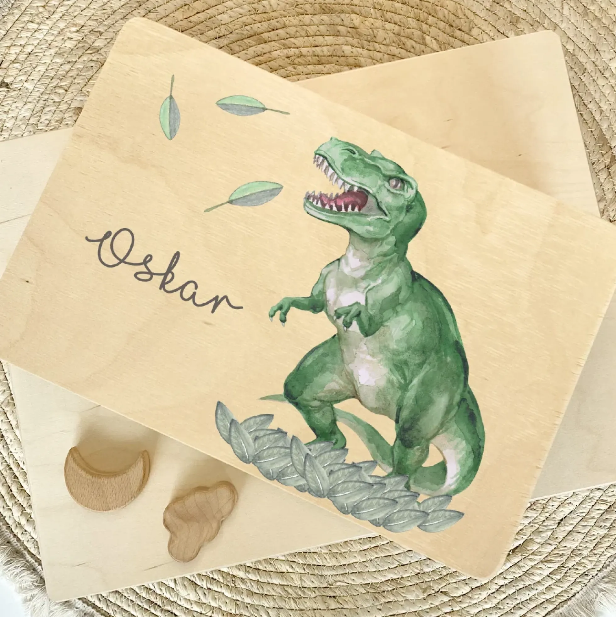 Personalisierte Erinnerungskiste "Dinosaurier" als Motiv für Babys zur Geburt und Taufe, Babygeschenk mit dem Namen, Holzkiste