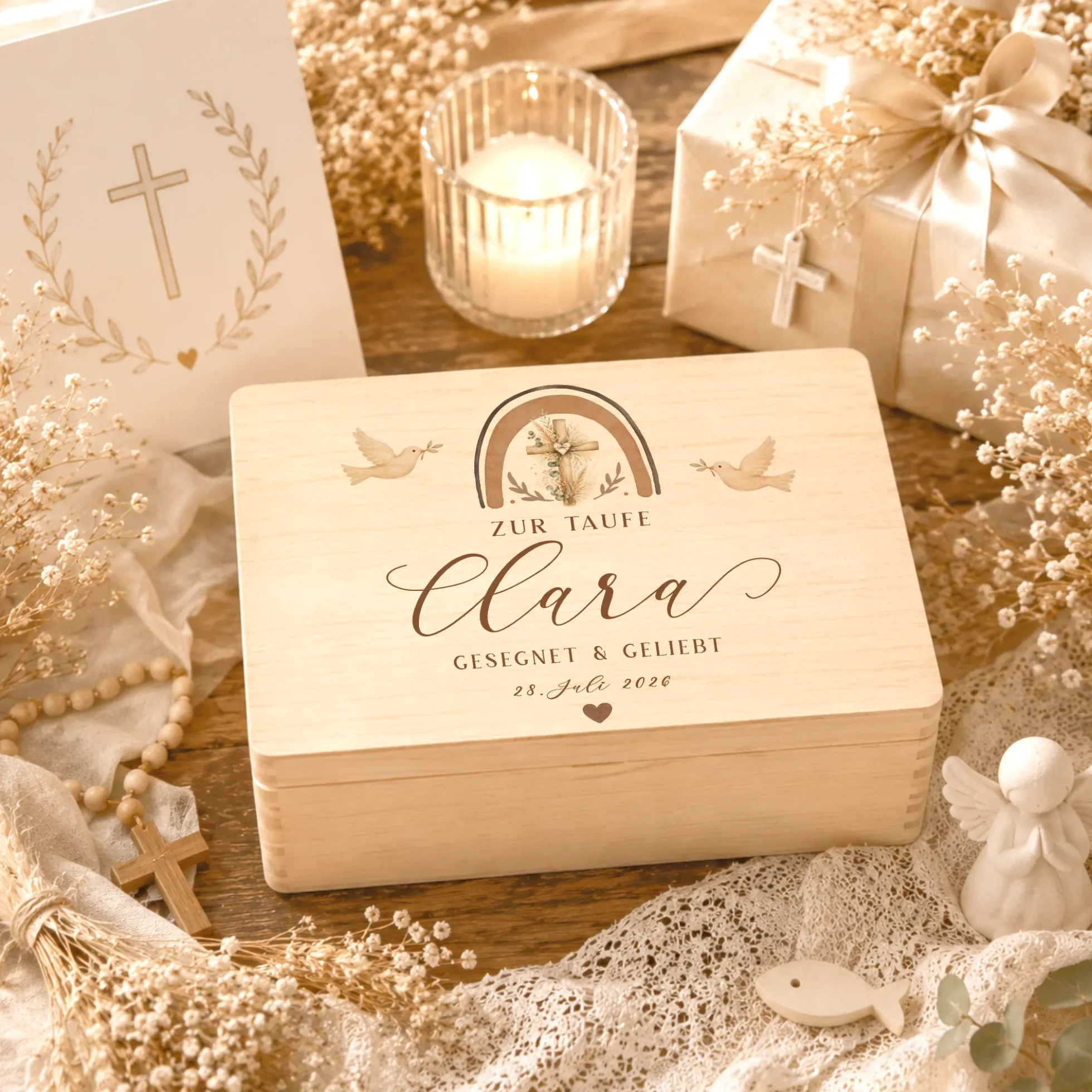 Personalisierte Erinnerungskiste Taufe mit Namen & Datum | Taufgeschenk Mädchen Junge | Holzbox Taufe | Geschenk zur Taufe Erinnerungsbox