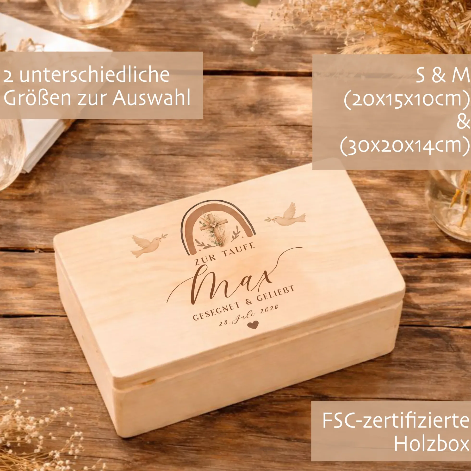 Personalisierte Erinnerungskiste Taufe mit Namen & Datum | Taufgeschenk Mädchen Junge | Holzbox Taufe | Geschenk zur Taufe Erinnerungsbox