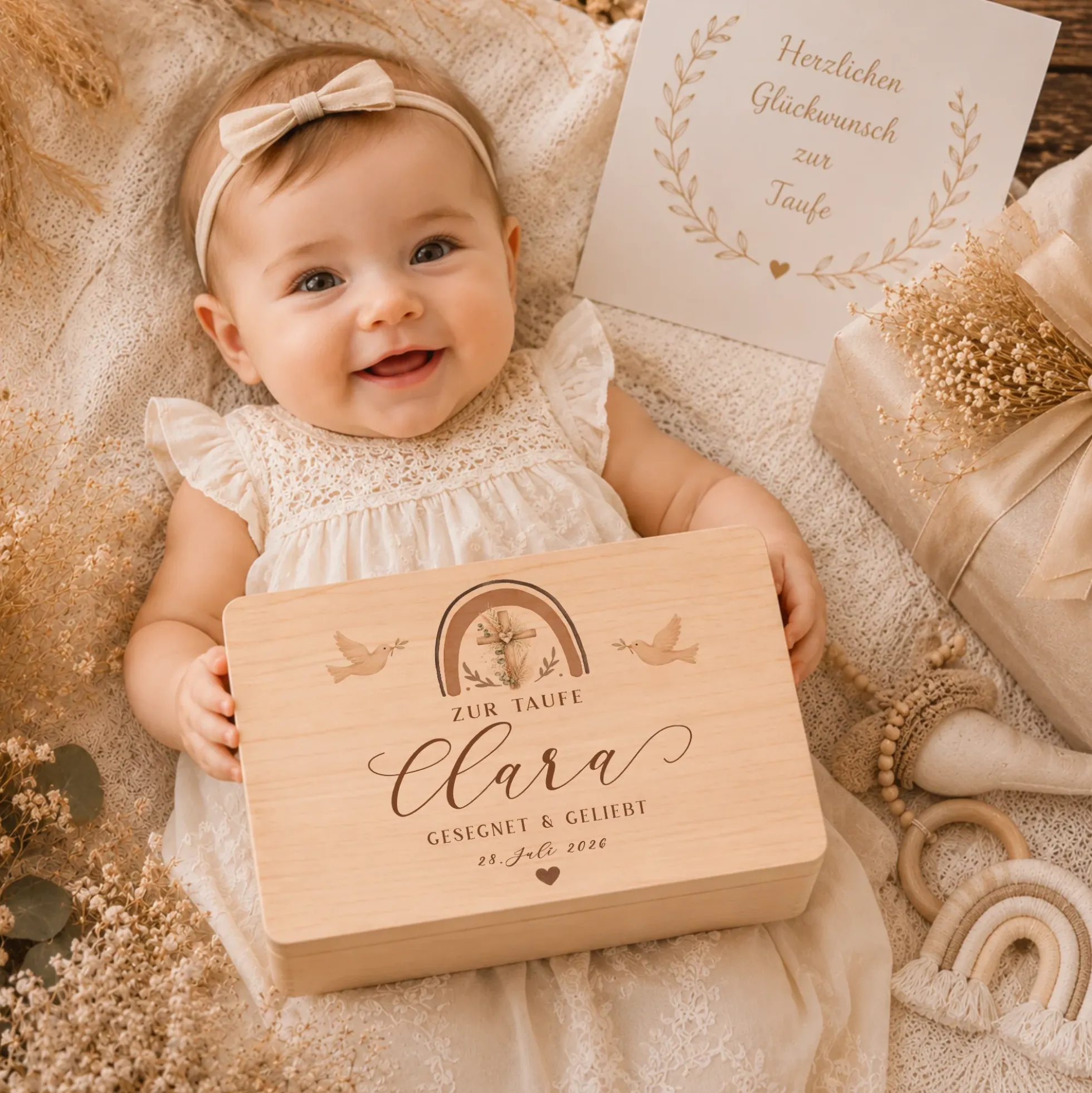 Personalisierte Erinnerungskiste Taufe mit Namen & Datum | Taufgeschenk Mädchen Junge | Holzbox Taufe | Geschenk zur Taufe Erinnerungsbox