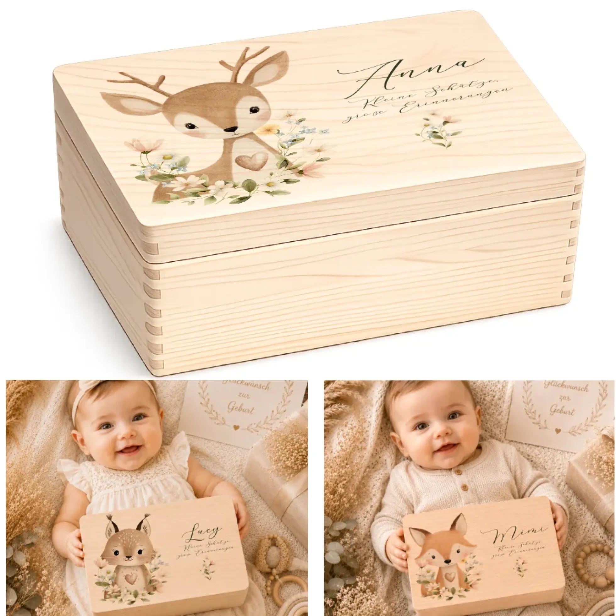 Personalisierte Erinnerungsbox aus Holz mit Namen – Süße Waldtiere Motive im Boho-Stil – Erinnerungskiste zur Geburt & Taufe