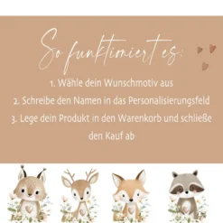 Personalisierte Erinnerungsbox aus Holz mit Namen – Süße Waldtiere Motive im Boho-Stil – Erinnerungskiste zur Geburt & Taufe