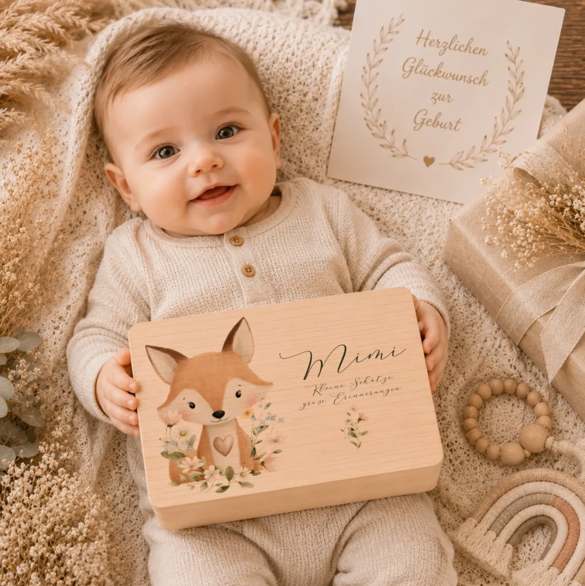 Personalisierte Erinnerungsbox aus Holz mit Namen – Süße Waldtiere Motive im Boho-Stil – Erinnerungskiste zur Geburt & Taufe