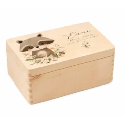 Personalisierte Erinnerungsbox aus Holz mit Namen – Süße Waldtiere Motive im Boho-Stil – Erinnerungskiste zur Geburt & Taufe