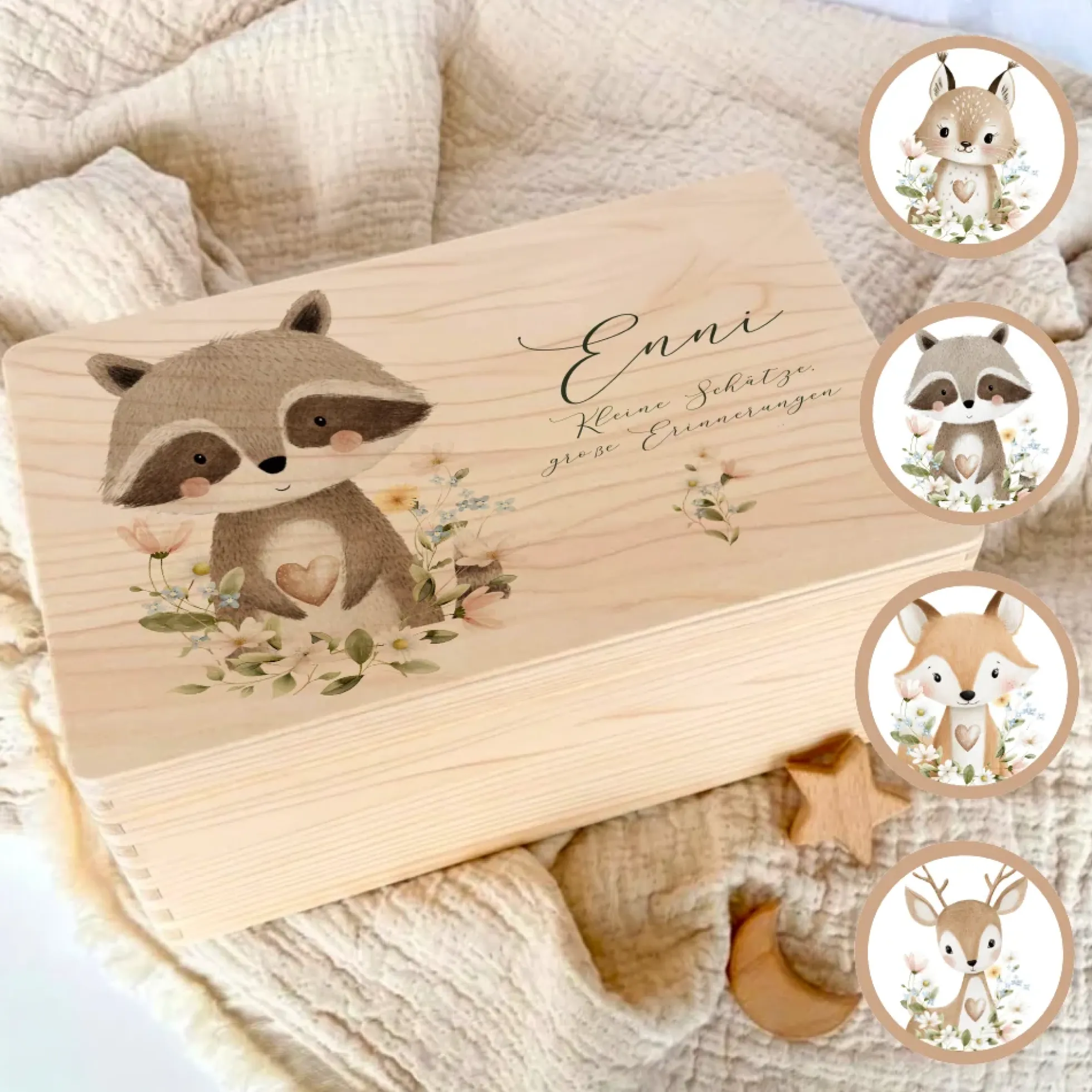 Personalisierte Erinnerungsbox aus Holz mit Namen – Süße Waldtiere Motive im Boho-Stil – Erinnerungskiste zur Geburt & Taufe