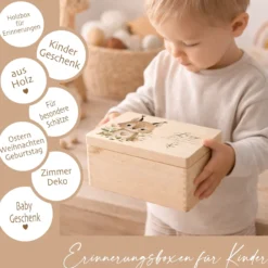 Personalisierte Erinnerungsbox aus Holz mit Namen – Süße Waldtiere Motive im Boho-Stil – Erinnerungskiste zur Geburt & Taufe