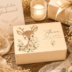 Personalisierte Erinnerungsbox aus Holz mit Namen – Süße Waldtiere Motive im Boho-Stil – Erinnerungskiste zur Geburt & Taufe