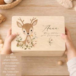 Personalisierte Erinnerungsbox aus Holz mit Namen – Süße Waldtiere Motive im Boho-Stil – Erinnerungskiste zur Geburt & Taufe