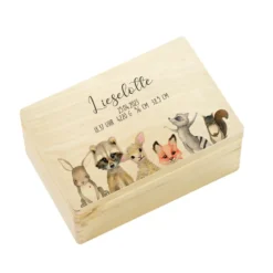 Personalisierte Erinnerungskiste "Tiere" als Motiv für Babys zur Geburt und Taufe, Babygeschenk mit dem Namen, Holzkiste