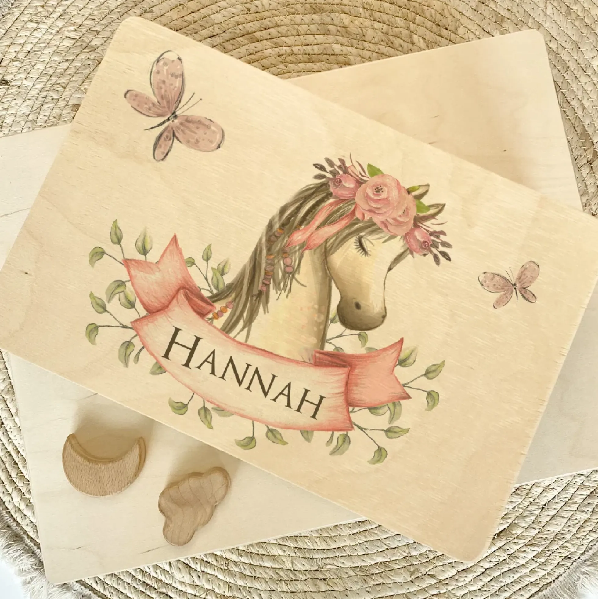 Personalisierte Erinnerungskiste "Pony" als Motiv für Babys zur Geburt und Taufe, Babygeschenk mit dem Namen, Holzkiste