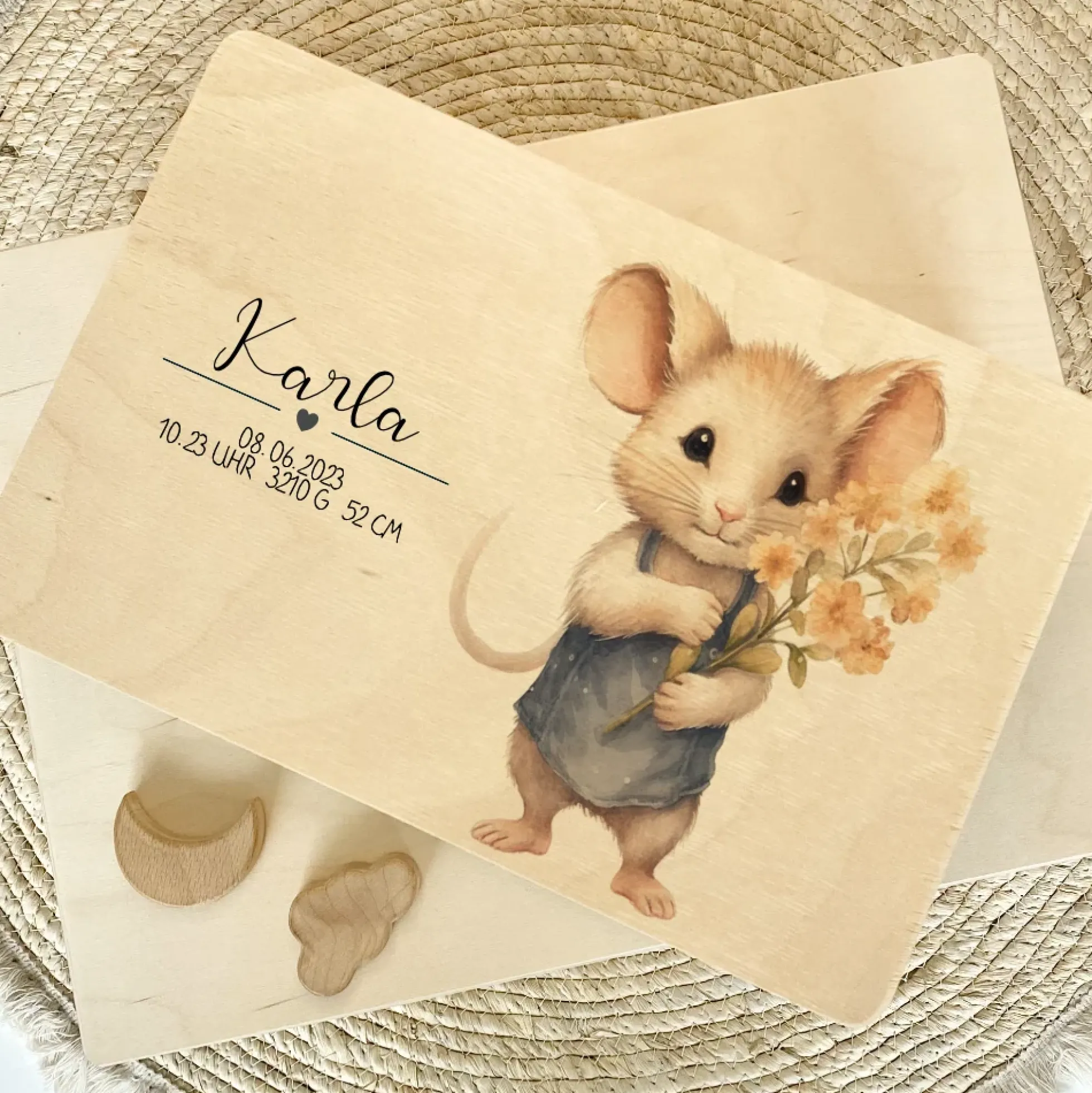 Personalisierte Erinnerungskiste "Maus" als Motiv für Babys zur Geburt und Taufe, Babygeschenk mit dem Namen, Holzkiste
