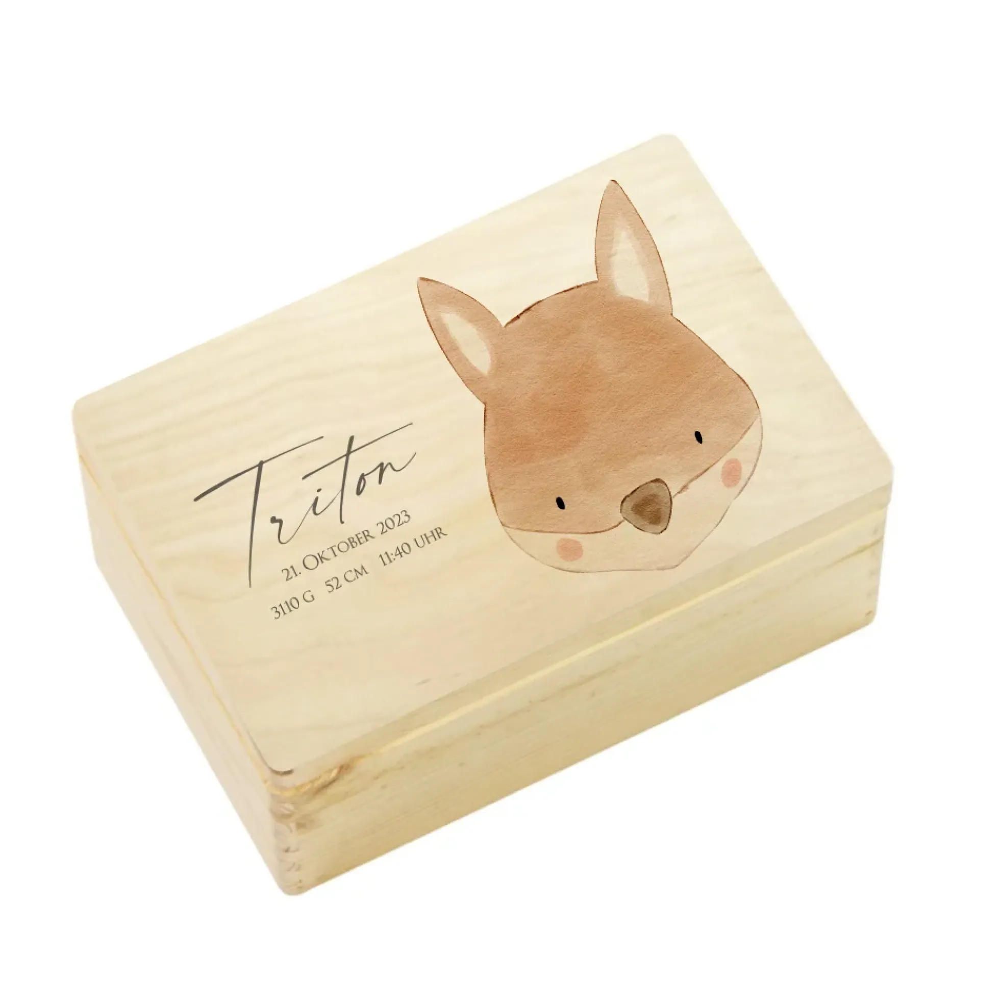 Personalisierte Erinnerungskiste für Babys, Holzbox mit Deckel, Namen u. Geburtsdaten | Motiv: Fuchs