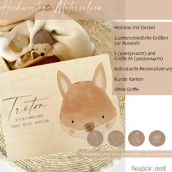 Personalisierte Erinnerungskiste für Babys, Holzbox mit Deckel, Namen u. Geburtsdaten | Motiv: Fuchs