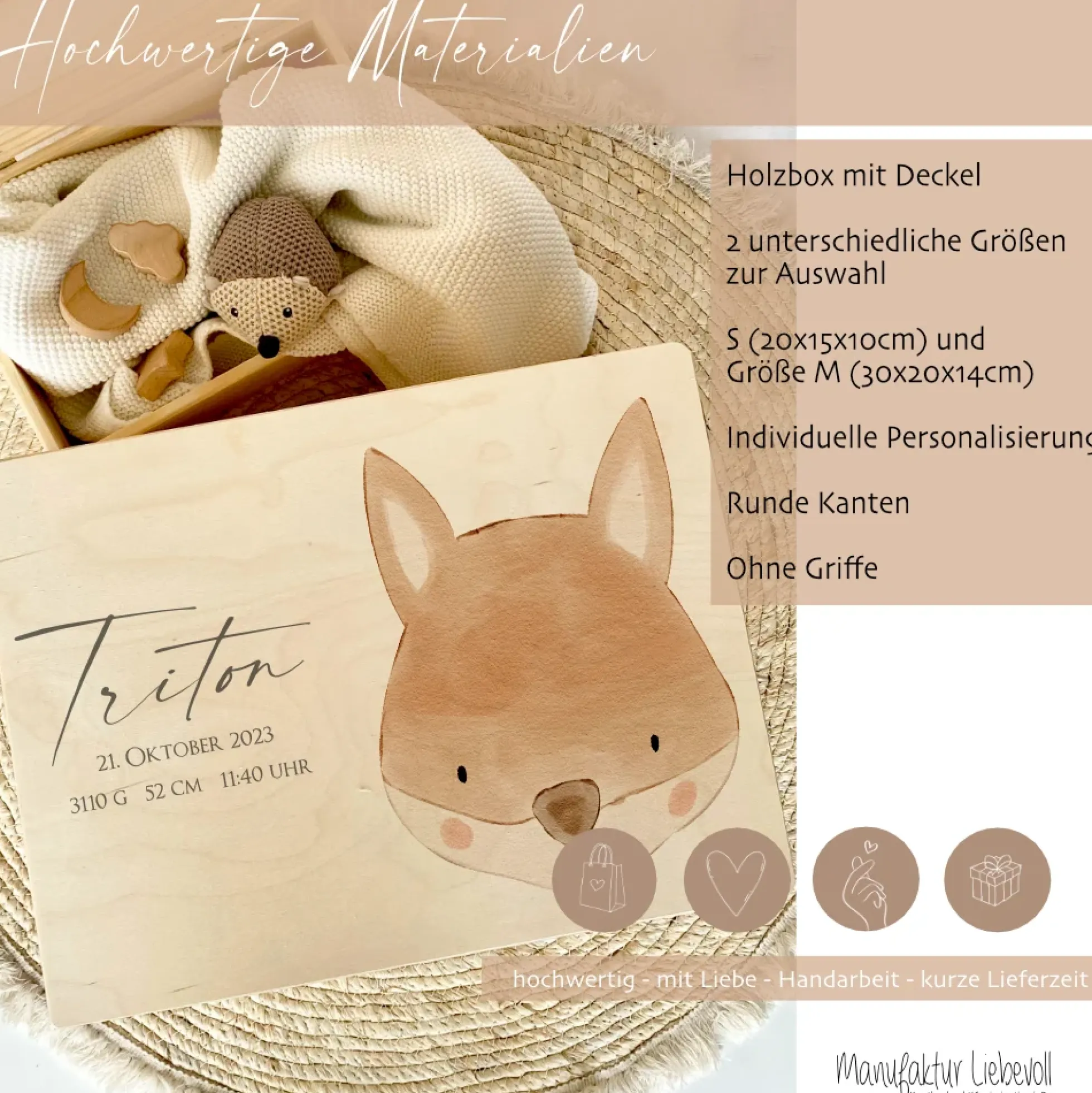 Personalisierte Erinnerungskiste für Babys, Holzbox mit Deckel, Namen u. Geburtsdaten | Motiv: Fuchs