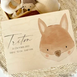 Personalisierte Erinnerungskiste für Babys, Holzbox mit Deckel, Namen u. Geburtsdaten | Motiv: Fuchs