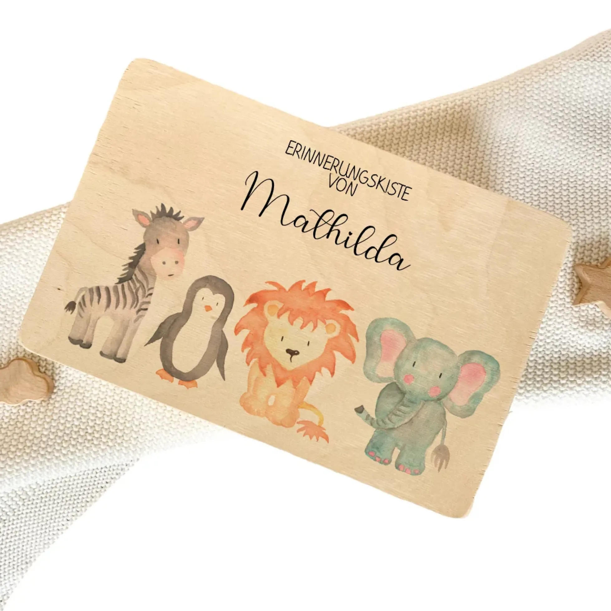 Personalisierte Erinnerungskiste "Aquarell Tiere" als Motiv für Babys zur Geburt und Taufe, Babygeschenk mit dem Namen, Holzkiste