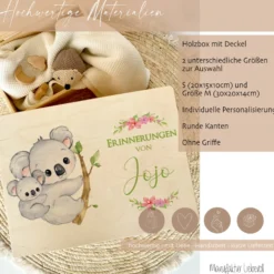 Personalisierte Erinnerungskiste mit Koala Motiv für Babys zur Geburt und Taufe, Babygeschenk mit dem Namen, Holzkiste