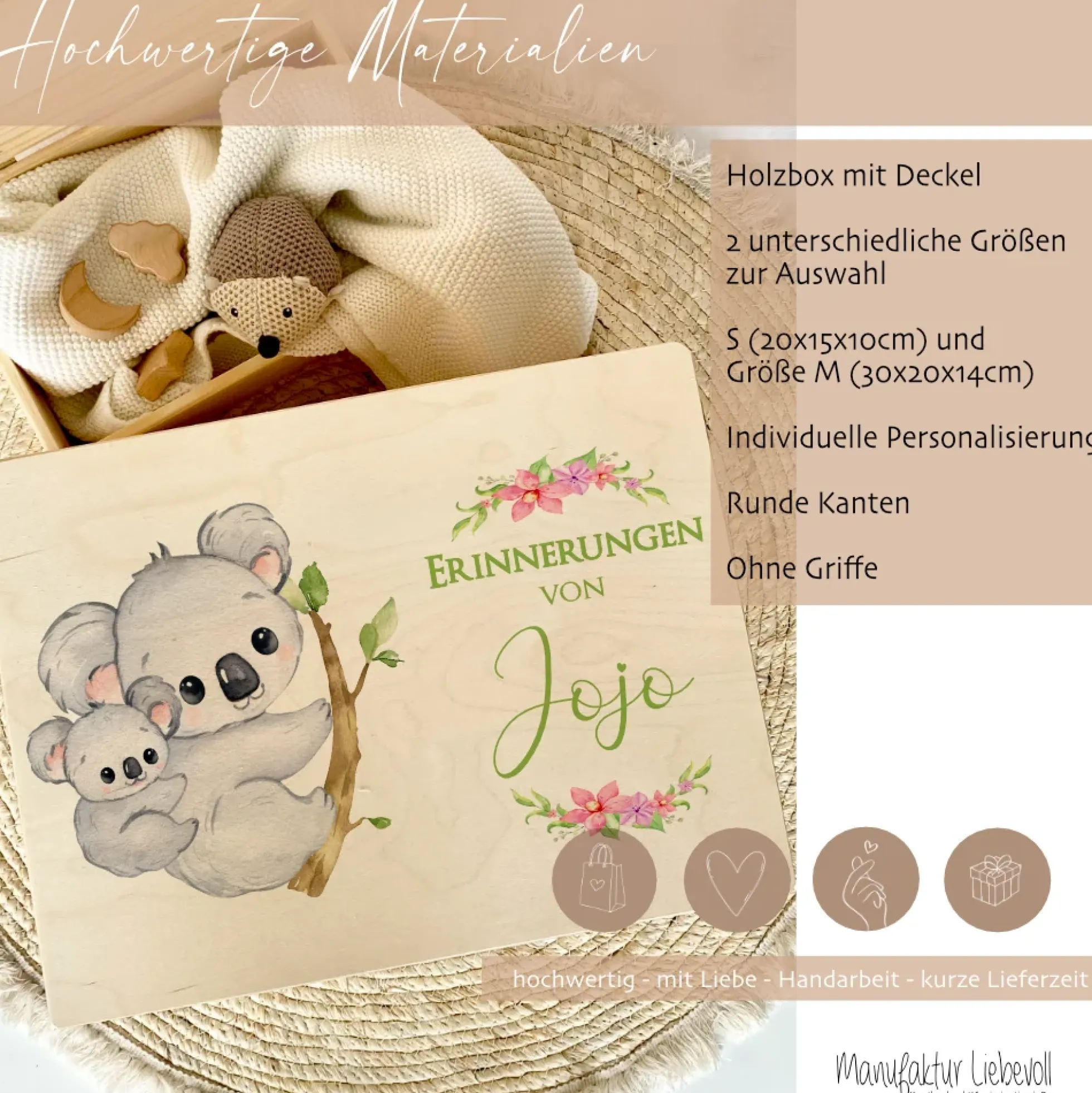 Personalisierte Erinnerungskiste mit Koala Motiv für Babys zur Geburt und Taufe, Babygeschenk mit dem Namen, Holzkiste