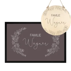 Personalisierte Fußmatte Floral mit dem Namen der Familie | Optional als Set mit Türschild erhältlich