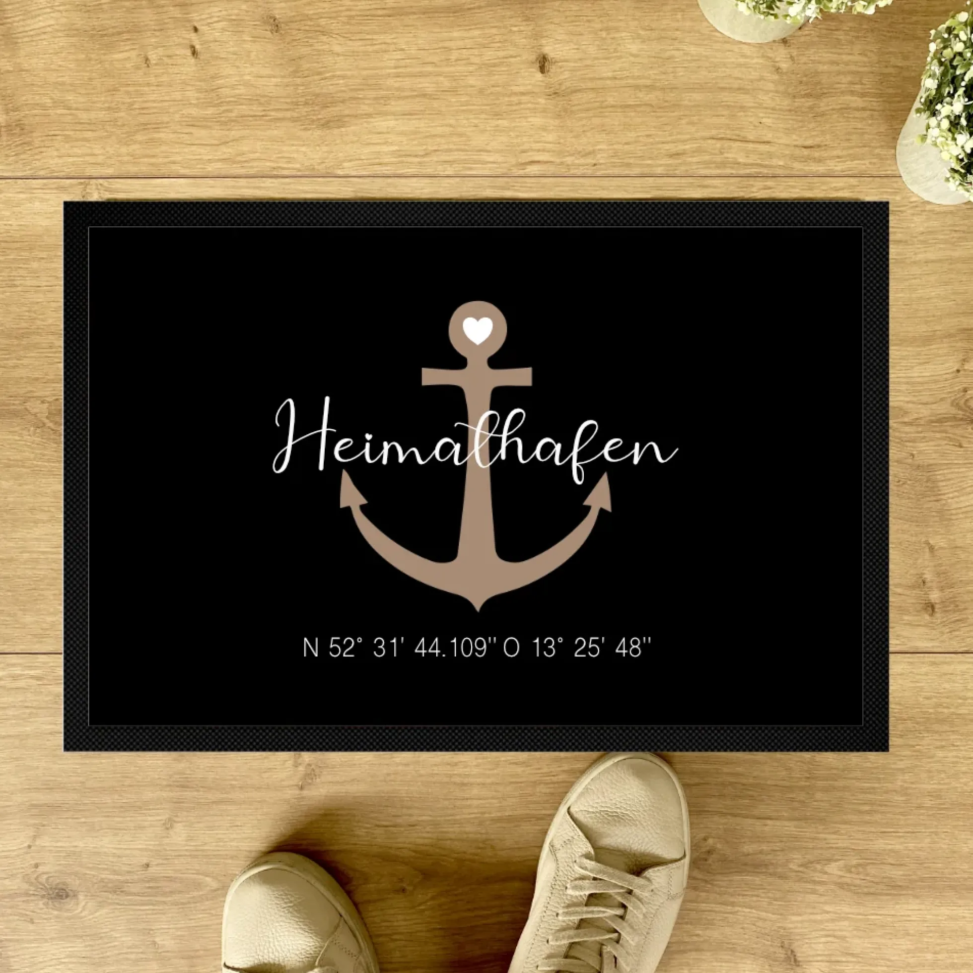 Personalisierte Fußmatte Heimathafen mit Koordinaten u. Anker | Optional als Set mit Türschild erhältlich