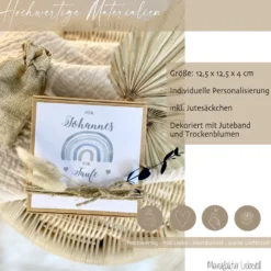 Personalisierte Geschenkschachtel Regenbogen Taufgeschenk für Jungen, individuelles Geldgeschenk zur Taufe inkl. Jutebeutel I Manufaktur Liebevoll