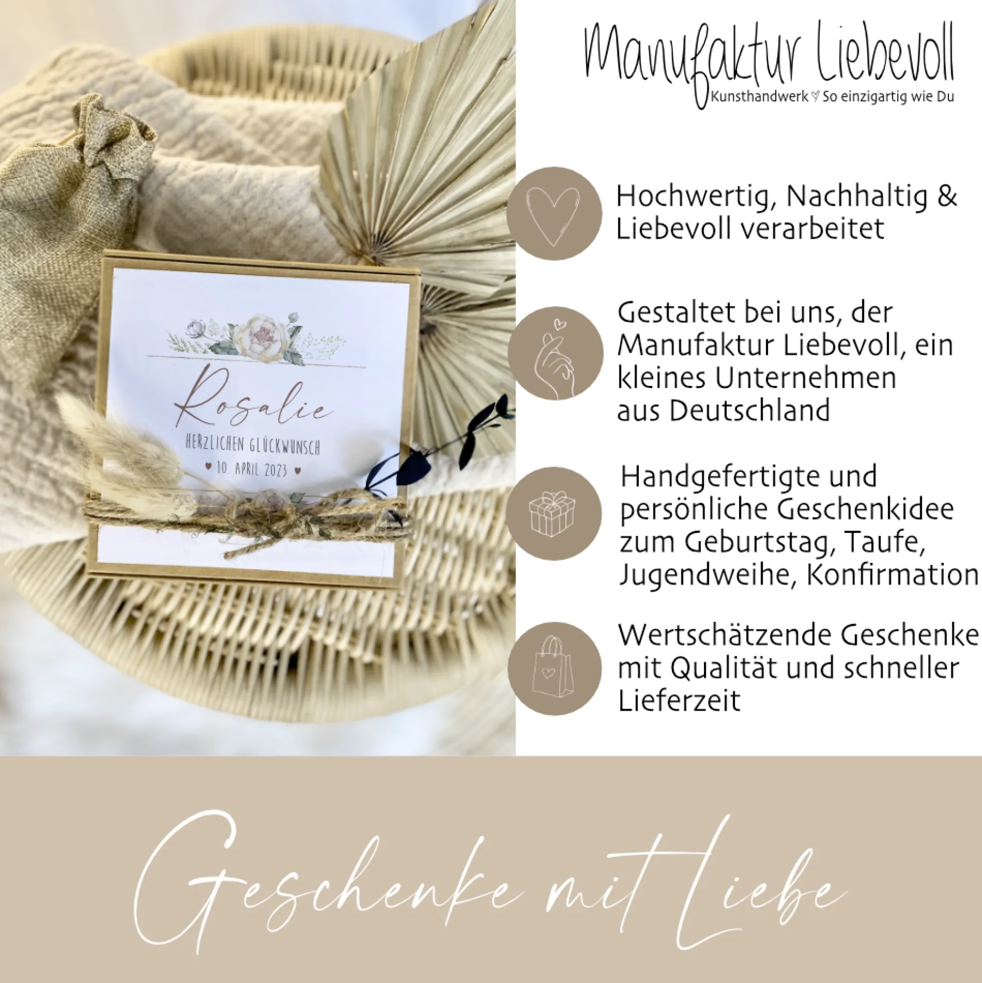 Personalisierte Geschenkschachtel, individuelles Geldgeschenk zur Taufe, Geburtstag, Kommunion, Jugendweihe, inkl. Jutebeutel I Manufaktur Liebevoll