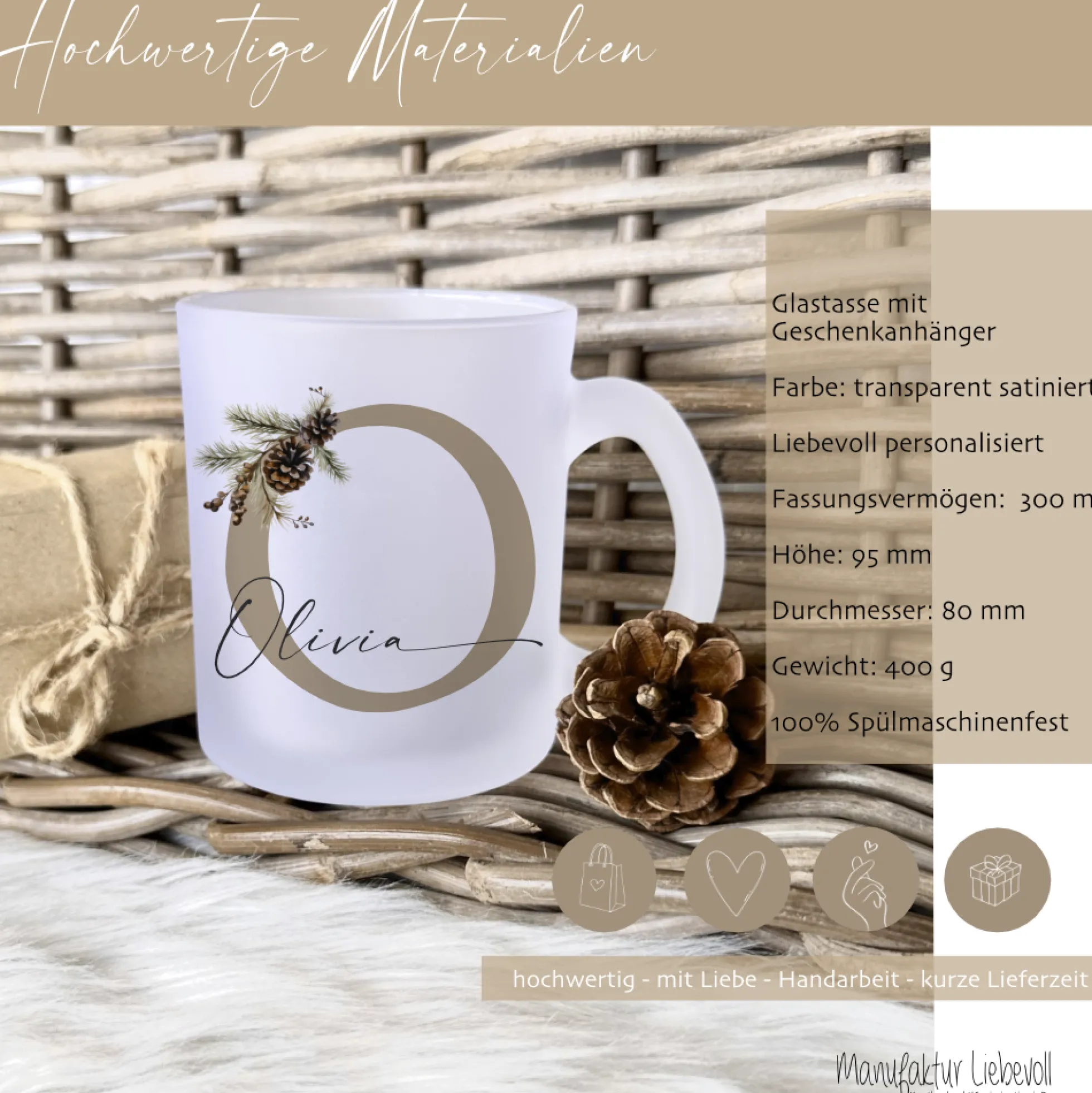 Personalisierte Glas Tasse "Tannenzapfen" Weihnachten Name I Weihnachtstasse Weihnachtsgeschenk I Nikolaus Geschenk Glühweintasse