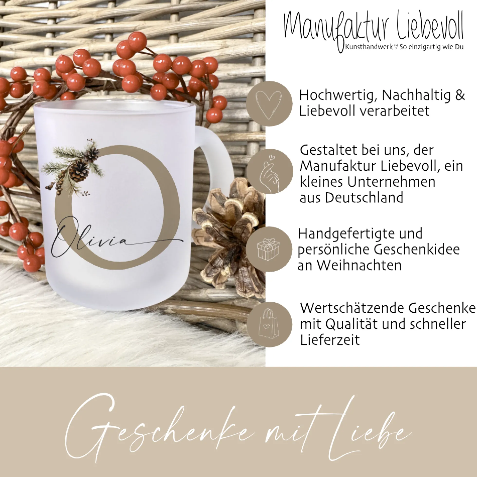Personalisierte Glas Tasse "Tannenzapfen" Weihnachten Name I Weihnachtstasse Weihnachtsgeschenk I Nikolaus Geschenk Glühweintasse