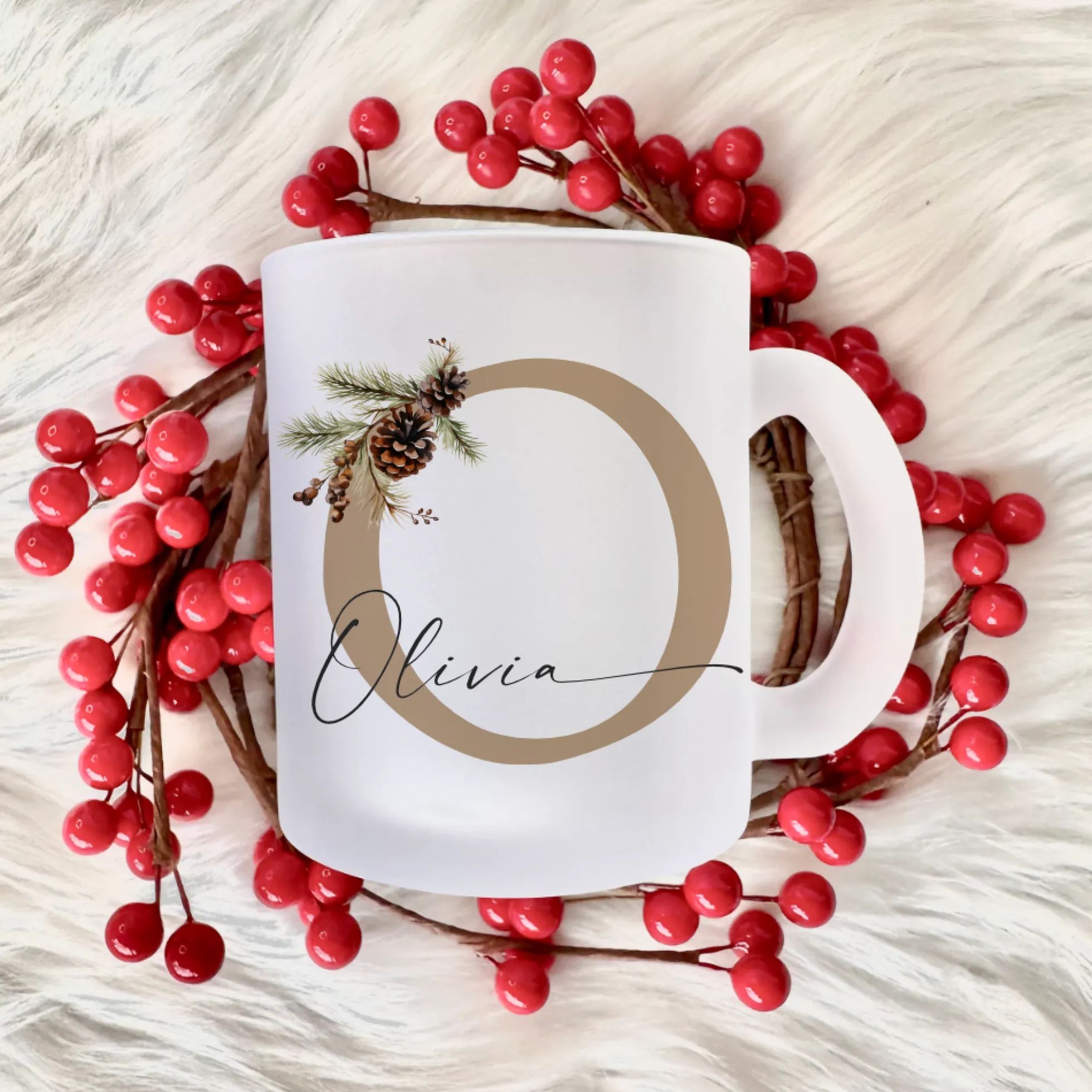 Personalisierte Glas Tasse "Tannenzapfen" Weihnachten Name I Weihnachtstasse Weihnachtsgeschenk I Nikolaus Geschenk Glühweintasse