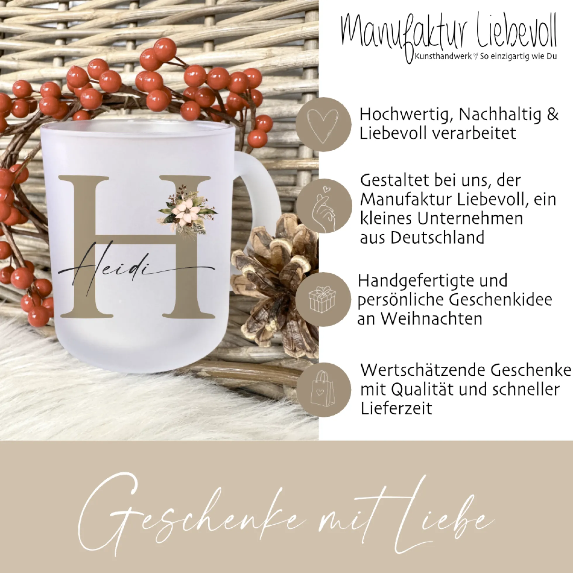 Personalisierte Glastasse "Weihnachtsblume" Weihnachten m. Namen I Weihnachtstasse Weihnachtsgeschenk I Nikolaus Geschenk Glühweintasse