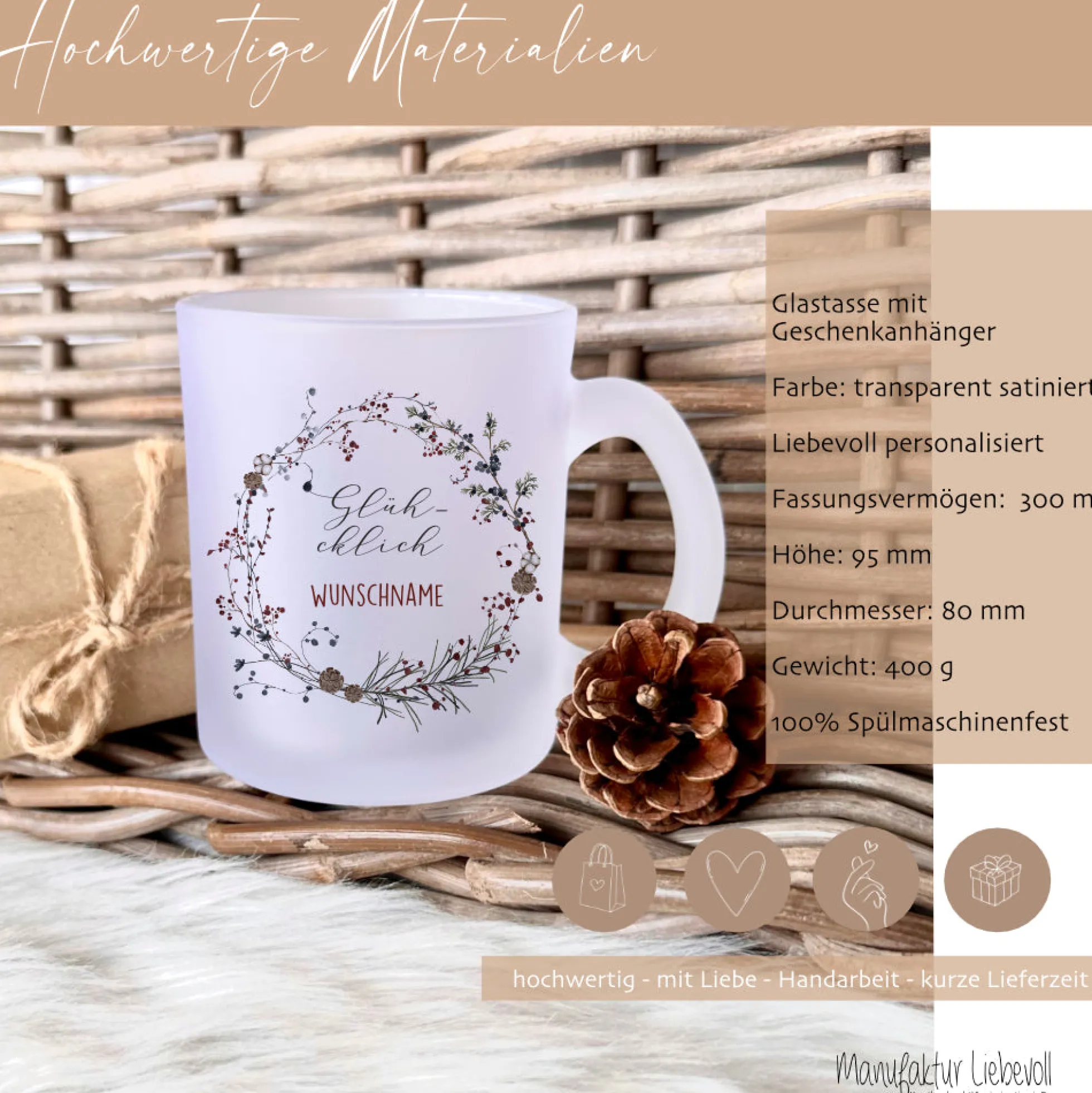 Personalisierte Glühweintasse "Glühcklich", Tasse aus Glas mit Wunschnamen und Weihnachtskranz