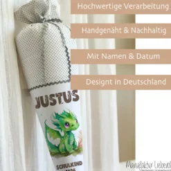 Personalisierte graue Stoff Schultüte grüner Drache | Personalisiert mit dem Namen für Jungen | Optional mit Füllkissen und Spitzenschutz