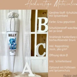 Personalisierte graue Stoff Schultüte blauer Drache | Personalisiert mit dem Namen für Jungen | Optional mit Füllkissen und Spitzenschutz